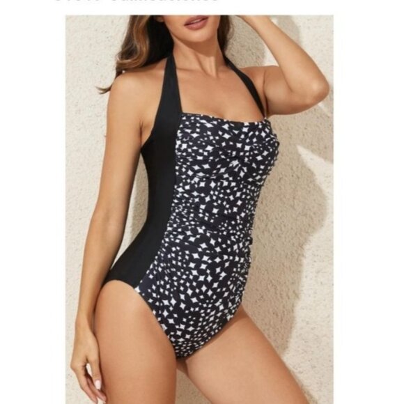 Womens Tummy Control Halter One Piece Swimsuit Ruched Push Up Size Large Beach - Picture 4 of 10